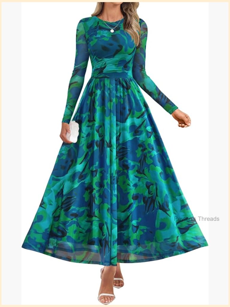 Long Sleeve Floral Print Mesh Ruched Maxi Dress Party